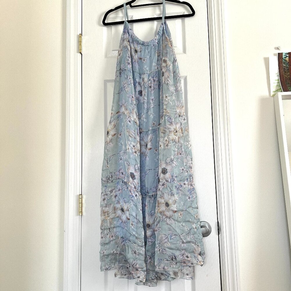 Elena Baldi Silk Blend Pastel Blue Floral Made in Italy Maxi Dress New Medium